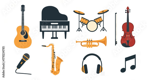 Flat lay of various musical instruments including a piano, guitar, violin, drums, saxophone, trumpet, microphone and headphones against a white background, showcasing a