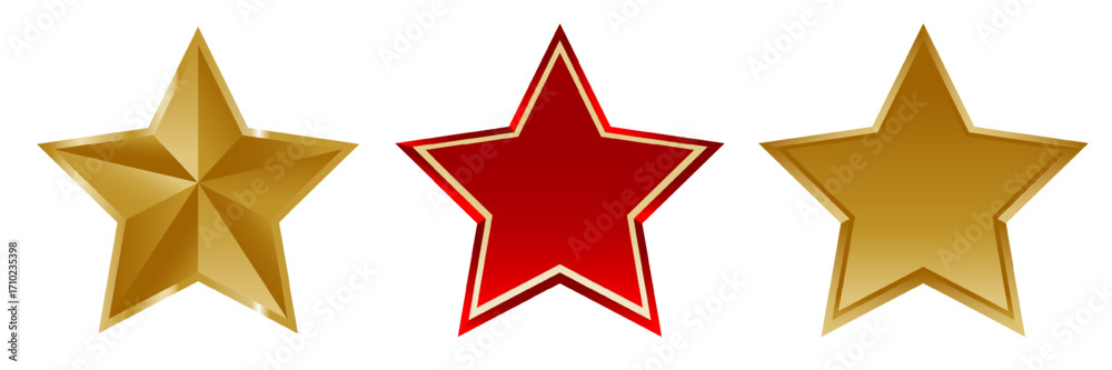 Obraz premium Three bright five-pointed stars on a white background in gold and red colors. Stars are used to indicate achievements, awards, ratings, success, or as decorative elements