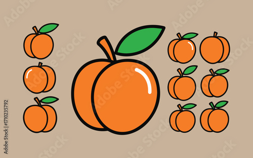Collection of stylized cartoon apricots with green leaves on a beige background