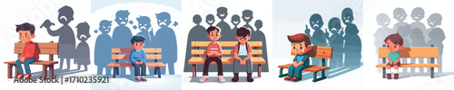 Illustration of a child sitting on a bench with a shadow behind him mockingly. Vector, illustration, icon set