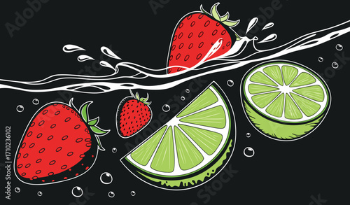 Strawberry and Lime Slices Splashing Underwater on Black Background"