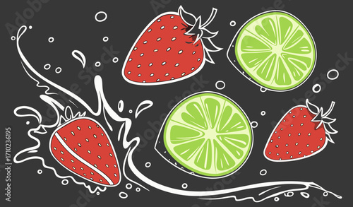 Strawberry and Lime Slices Splashing Underwater on Black Background"