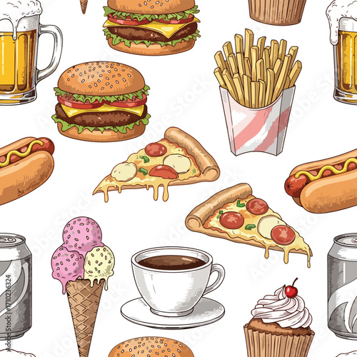 Colorful illustration of various fast food items, including burgers, pizza, fries, and drinks.