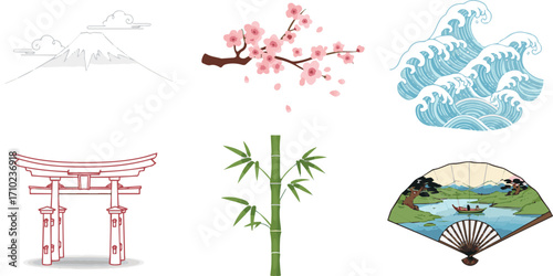 Create a kinds of deferent Full HD Japanese style background vector art with white background.