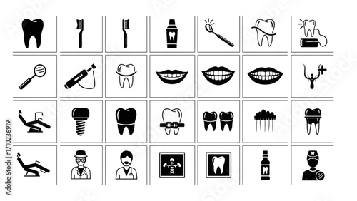High-Quality Black Silhouette Icon Set of Dental Tools and Dentistry Symbols – White Background