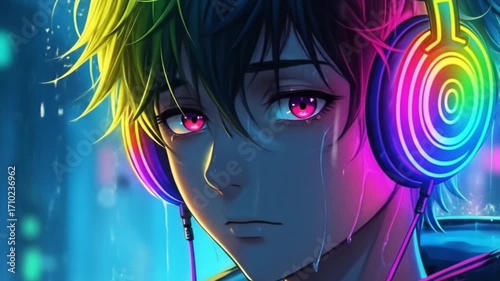 Sad anime boy with glowing neon headphones standing alone in rainy cyberpunk city. Illustration concept