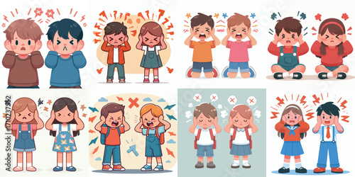 Children cover their ears due to teasing. Vector, illustration, icon set