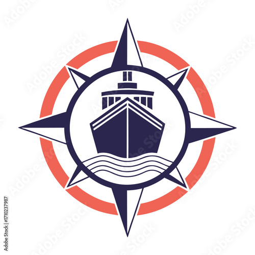 Nautical Compass Rose with Ship Emblem