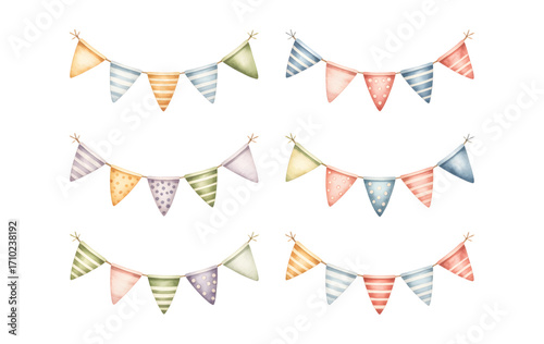 Cartoon party flags in pastel colors. Birthday decoration bunting clipart for kids.

