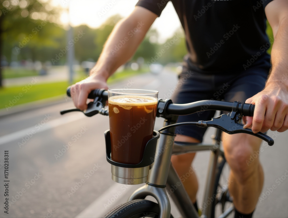Obraz premium A man rides a bike with a glass of iced coffee in a handlebar cup holder at sunset.
