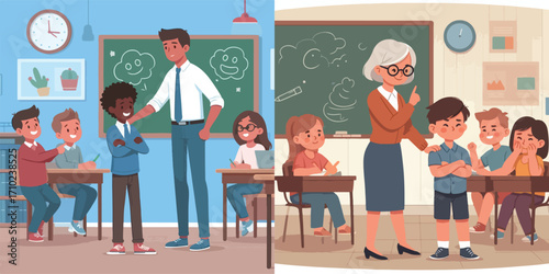 A teacher is educating his students. Vector, illustration, icon set