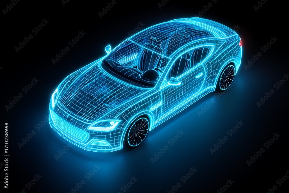 Naklejka premium Futuristic Car Design Blueprint Visualization on Dark Background