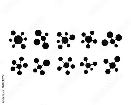 Molecule icons collection representing scientific concepts chemical structures and molecular connections in black and white