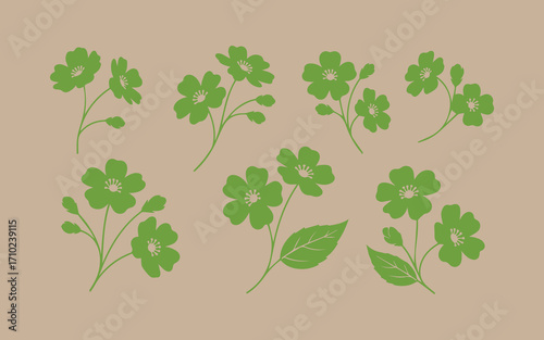 Collection of delicate green floral illustrations on a kraft paper background