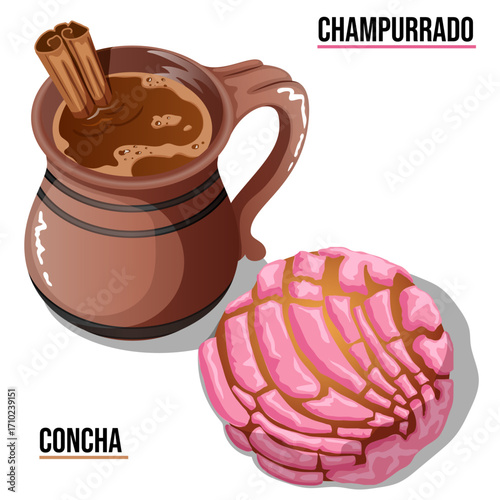 Hot Chocolate Champurrado with Pink Concha Mexican Sweet Bread Detailed Illustration