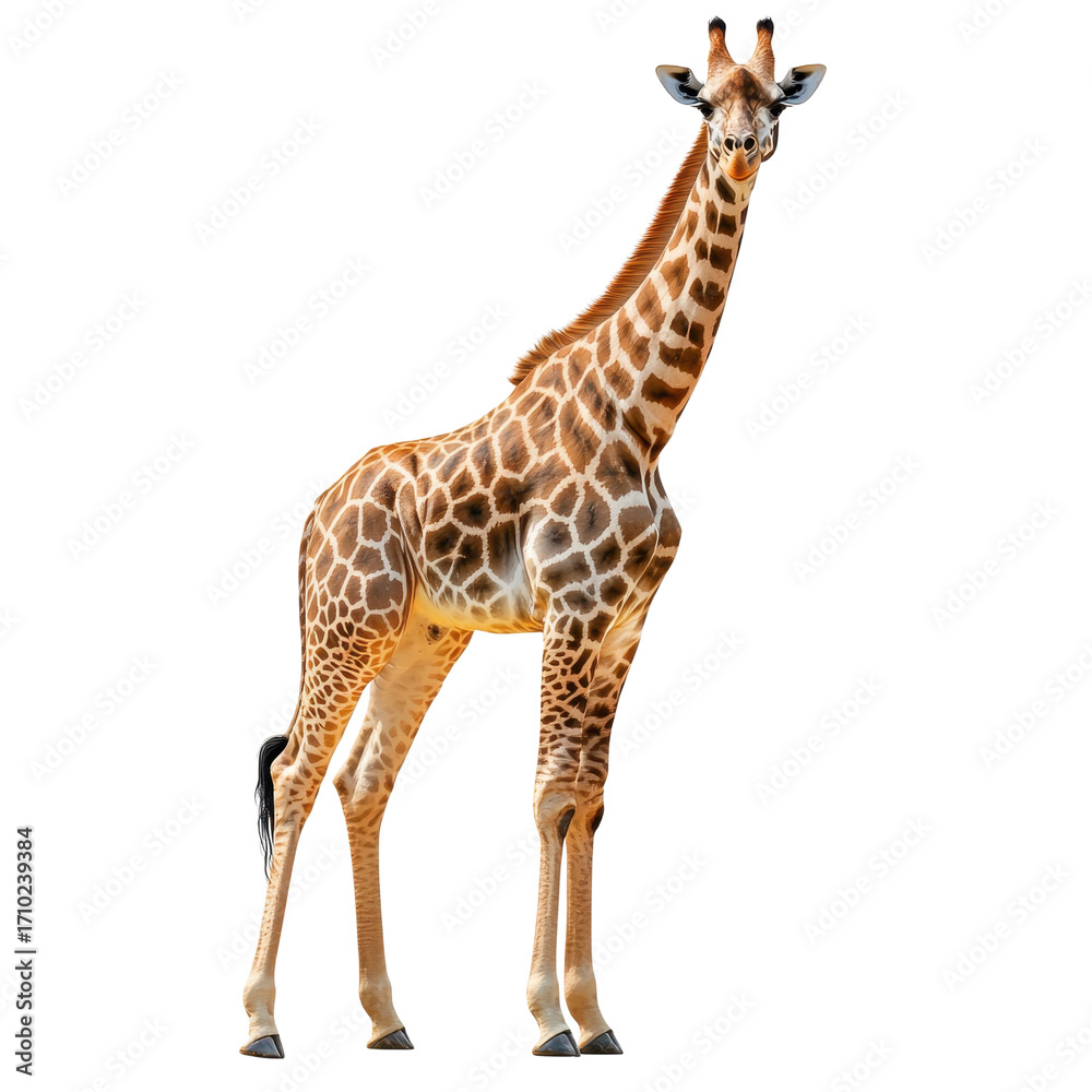 Naklejka premium Portrait of a giraffe standing animal wildlife isolated on transparent background.