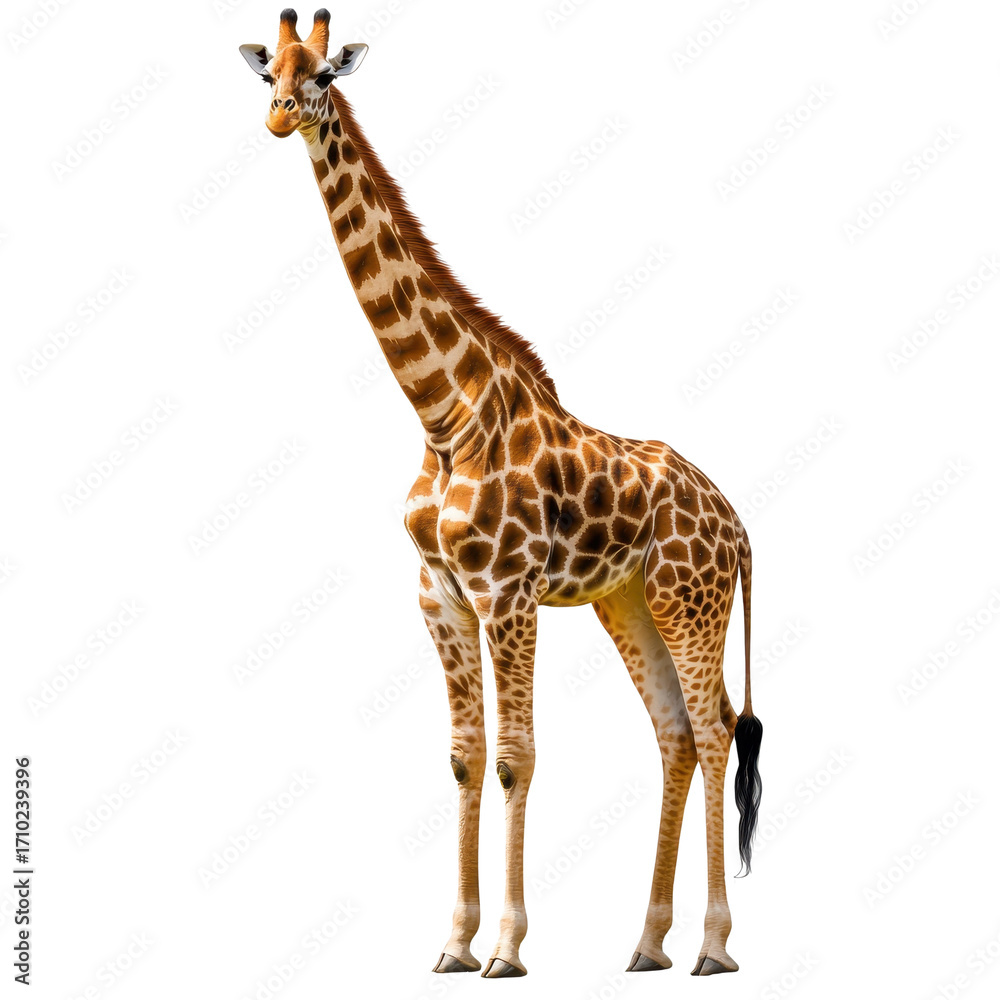Fototapeta premium Portrait of a giraffe standing animal wildlife isolated on transparent background.