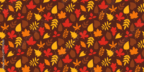 Autumn leaves seamless pattern. Colorful seasonal fall foliage in flat style.