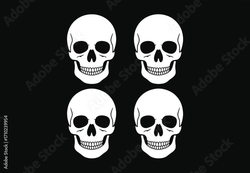 Four stark white skulls arranged in a grid against a dark background.