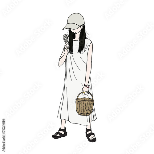 モバイルファンを顔に当てながら暑さをしのぐワンピースの女性（col、jpeg）
