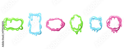 Slime frame. Different forms border for graphic design. Melting liquid, abstract blob drip, square and round, jelly splash and spot. Decorative background. Vector cartoon isolated set