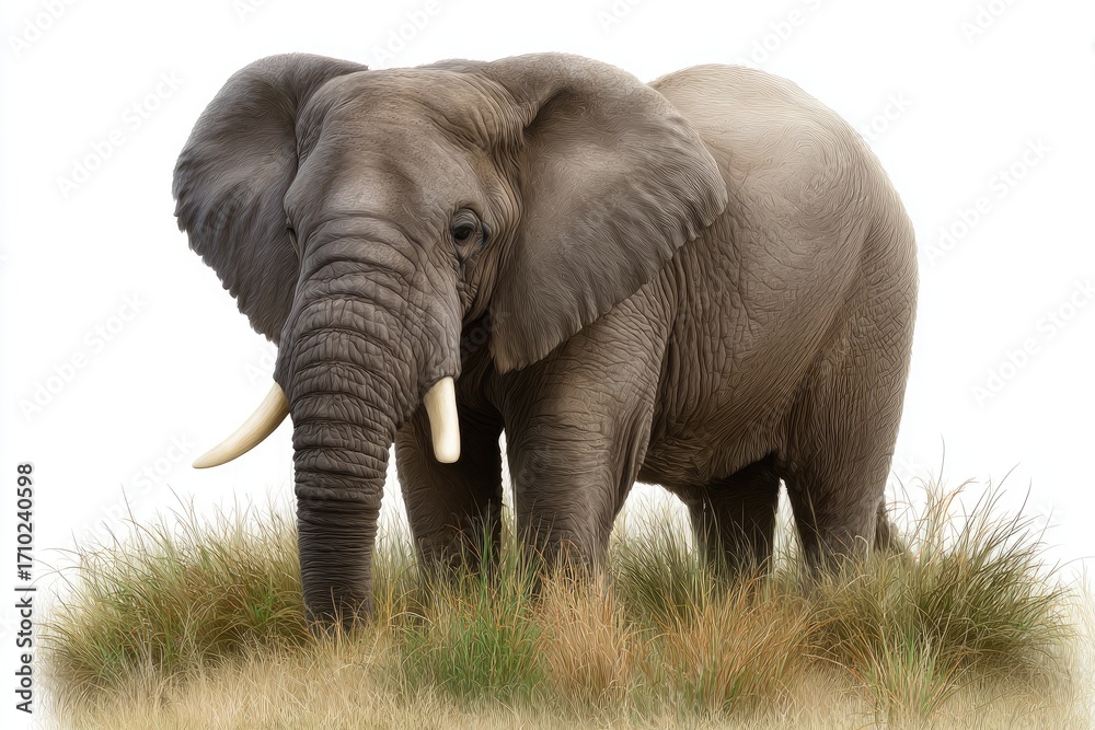 Fototapeta premium African Elephant in Dry Grass with White Background