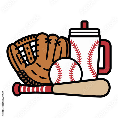Baseball Bat Glove Ball and Mug Illustration