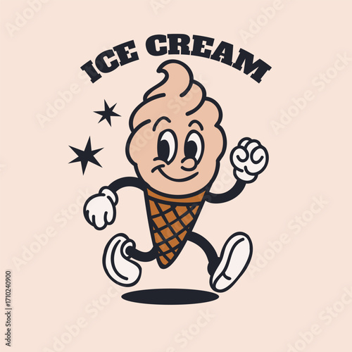 Happy ice cram. Fast food sweet character. Vintage mascot waving hands. Hot and tasty cafe and restaurant label or emblem. Poster or card. Comic funny vector cartoon flat style isolated illustration