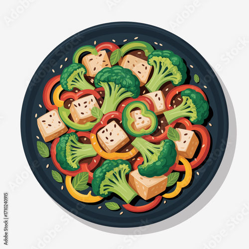 Tofu Stir Fry with Broccoli and Bell Peppers Illustrtion