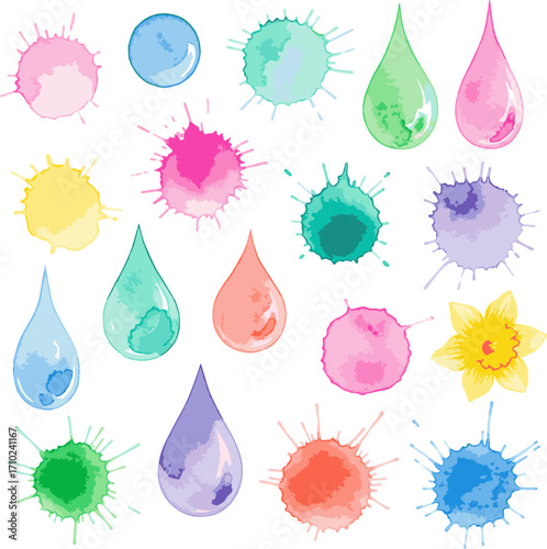 Create a kinds of deferent Spring color watercolor drop vector art with white background..