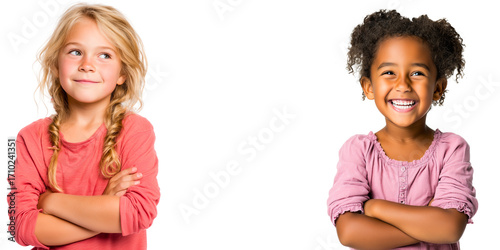 2 cute curious, happy 6-7 years old caucasian and african american or spanish ethnicity girls isolated over white (transparent) background