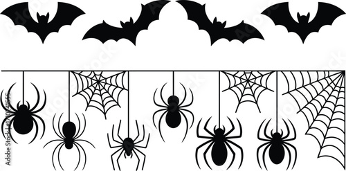 Spooky Halloween border with bats and hanging spiders and cobwebs
