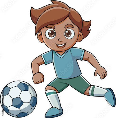 Cartoon boy kicking a soccer ball with brown hair and blue jersey child football style vector illustration EPS file download
