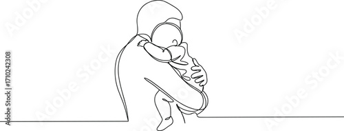 Father hugging baby line art illustration, parent child love, family bonding, parenting care, minimal design, fatherhood sketch, parenthood relationship drawing