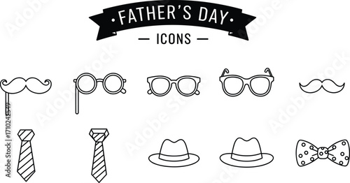 Father’s Day celebration icons with mustache, glasses, tie, bow tie, and hat, minimalist line art, holiday design elements
