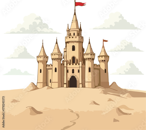 Majestic Sand Castle Vector with Tall Towers on Dunes – Fantasy Summer Landscape Illustration
