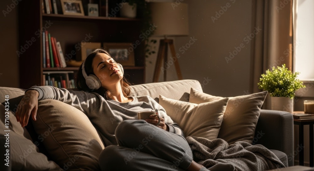 Naklejka premium Peaceful woman relaxing on a sofa, listening to music with headphones in a cozy evening setting. Serene female enjoying a moment of self-care with a hot drink and audio, hand on chest for mindfulness.