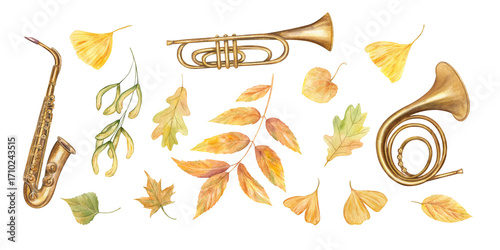 Musical set with saxophone, trumpet and French horn among autumn leaves watercolor illustration on isolated background. Music instruments, fall maple, oak, elm, gingko, ash leaf. For festival design.