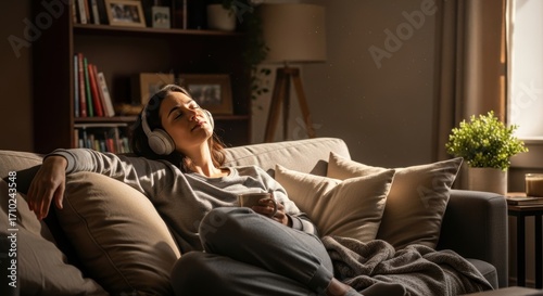 Peaceful woman relaxing on a sofa, listening to music with headphones in a cozy evening setting. Serene female enjoying a moment of self-care with a hot drink and audio, hand on chest for mindfulness.