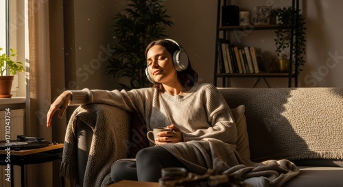 Peaceful woman relaxing on a sofa, listening to music with headphones in a cozy evening setting. Serene female enjoying a moment of self-care with a hot drink and audio, hand on chest for mindfulness.