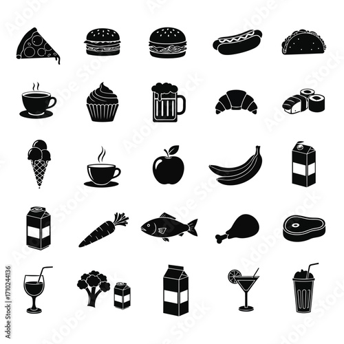 A collection of 25 black and white icons representing various food and drink item