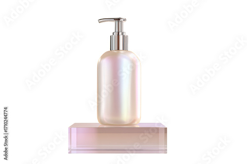 Realistic body lotion pump bottle with sleek design sits elegantly on transparent pedestal, showcasing its smooth, iridescent surface. product exudes sense of luxury and sophistication