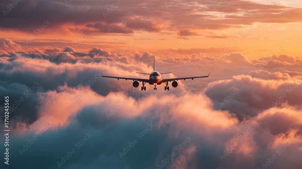 Fototapeta premium Airplane flying above the clouds during a vibrant sunset, creating a breathtaking view of the sky and horizon.