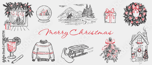 Hand drawn Merry Christmas decorations. Fireplace with pine tree garland, gift boxes, Christmas wreath, winter mountain landscape. Vector sketch illustration in vintage crayon style.