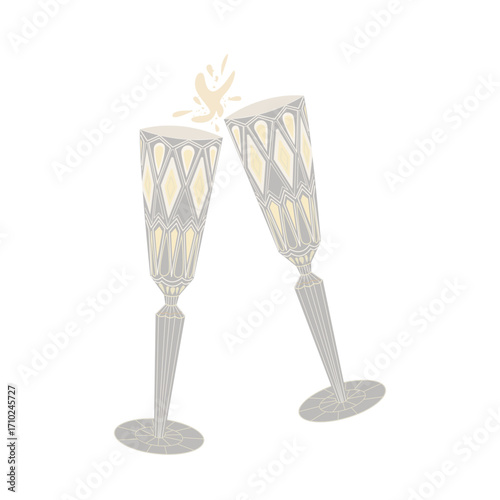 Two crystal champagne glasses on a white background. 90s crystal glasses, crystal flutes. A day for health. Celebration. A festive toast