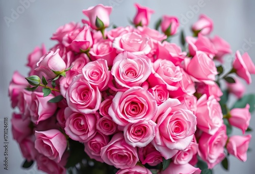 A lush bouquet of pink roses fills the frame, petals softly blurred for a romantic background,  full frame,  botany