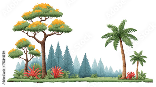 Lush Tropical Landscape Featuring Vibrant Greenery and Colorful Flora