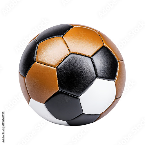 Realistic Soccer Ball with Black Brown and White Panels Set Against a Transparent Background