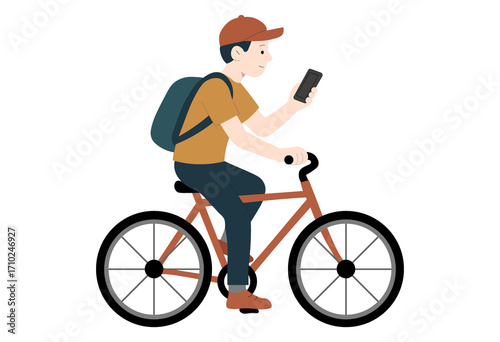Young man riding bicycle while using smartphone, unsafe cycling behavior illustration for transportation safety, distracted commuting, urban lifestyle, road hazard awareness, and educational campaign 