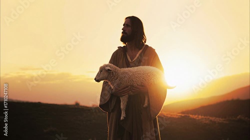 Jesus Holding Lamb at Sunset Among Hills, Backlit Pastoral Scene of Peace and Protection. The Good Shepherd leaves the 99 for the Lost One. 
